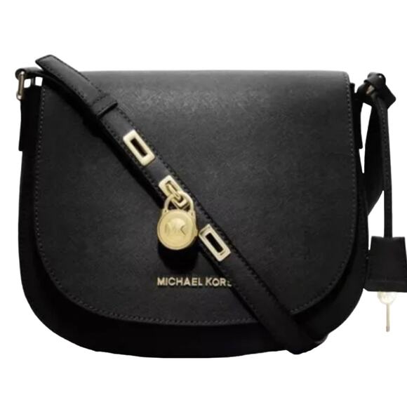 MICHAEL KORS SADDLE MESSENGER CROSSBODY Purse Black Leather classy French 11-14 - Picture 1 of 13